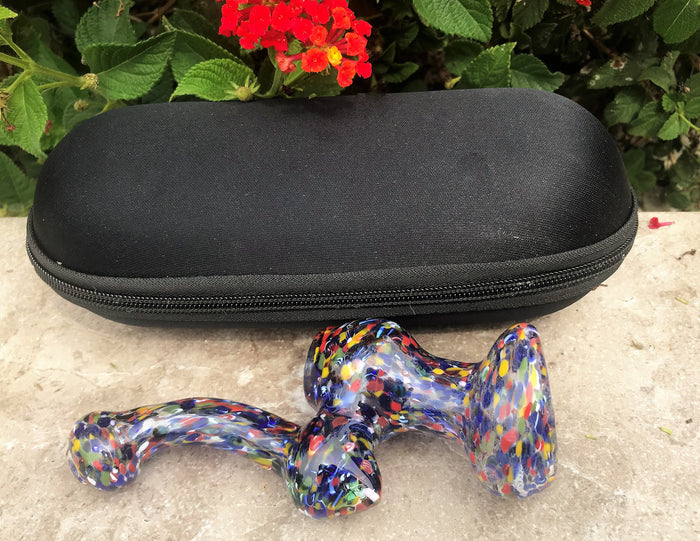6" Multi Color Splatter Glass Bubbler w/Zipper Padded Hard Case in Black