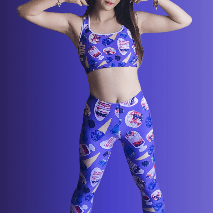 Berry kawaii leggings in violet with plump blackberries and leaf-tucked blueberries