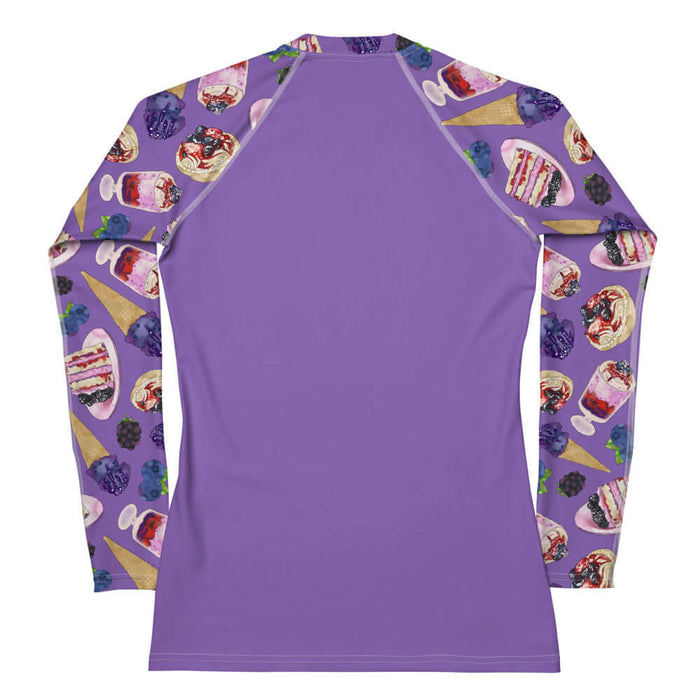 Berry kawaii rash guard in violet with blueberry ice cream cones and plump blackberries