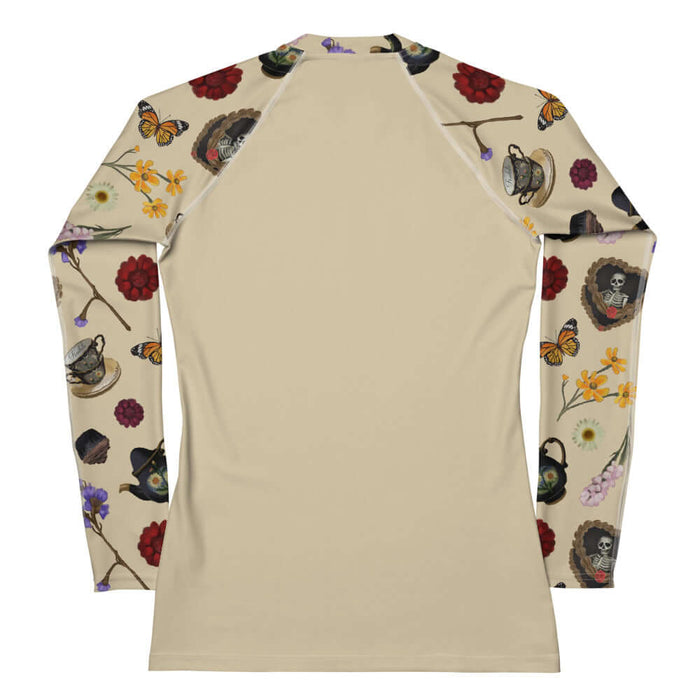 Gothic Tea Time rash guard in black with black teapots and wine-dark zinnias, goth fashion