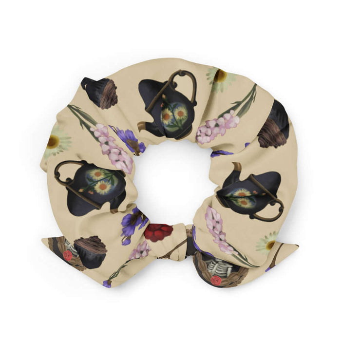 Gothic Tea Time scrunchie in black with red dahlias and stacked teacups, alternative attire