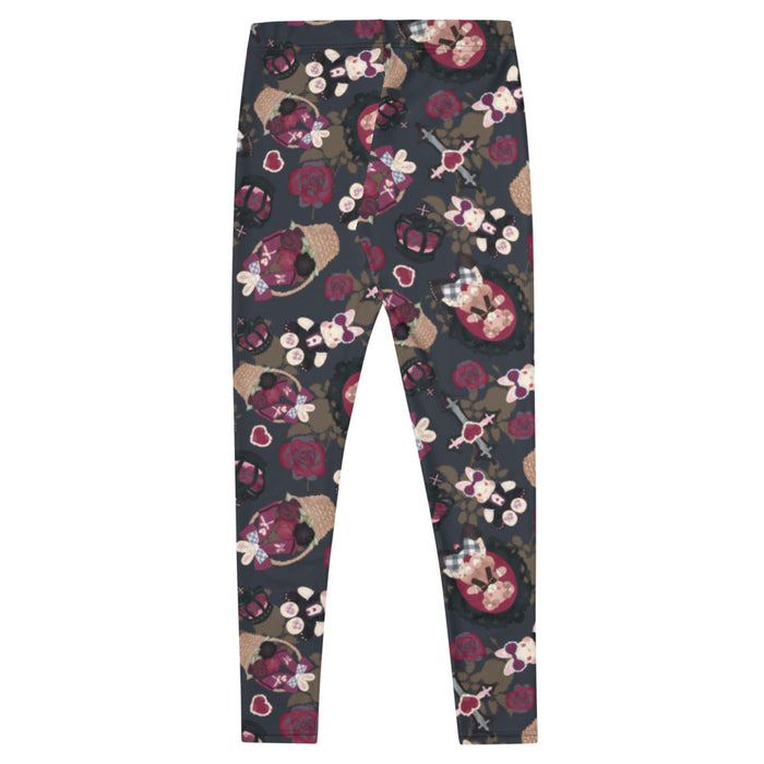 Gothic Teddy leggings in mauve and charcoal with ornate crosses and grey-blue roses, alternative style