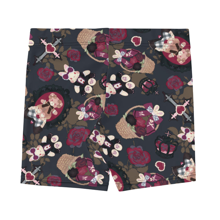 Gothic Teddy lounge shorts in mauve and charcoal with winged bunnies and black crowns, kawaii goth style