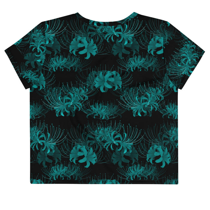Higanbana gothic crop top in teal with teal spider lily blooms on black
