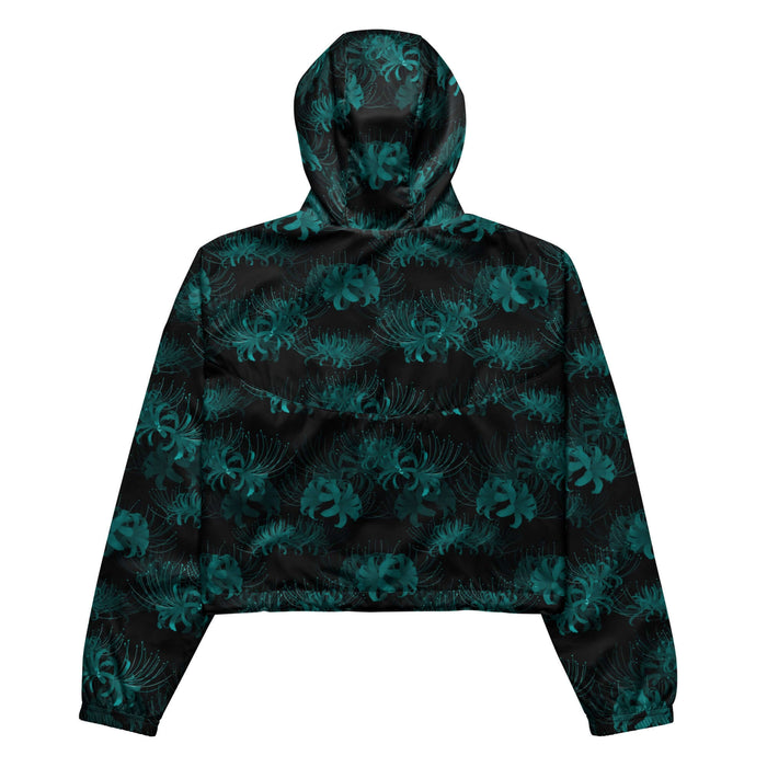 Higanbana gothic cropped windbreaker in black with red, blue and teal spider lily blooms