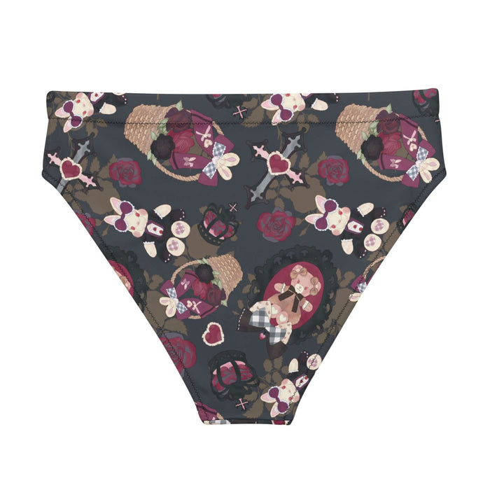 Gothic Teddy high-waisted bikini bottom in mauve and charcoal with rose baskets and gingham hearts, pastel goth swim