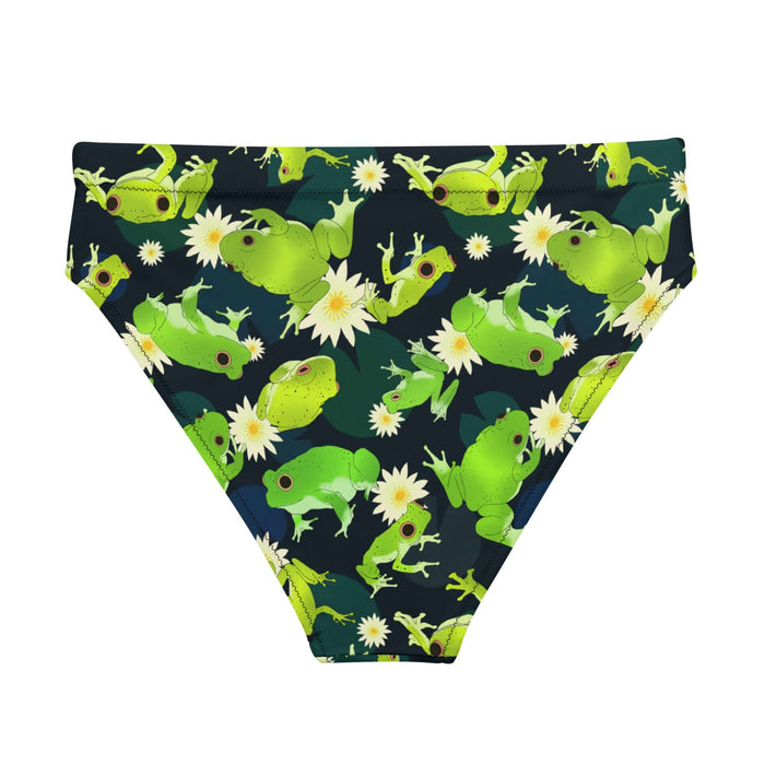 Kero-kero kawaii high-waisted bikini bottom in green with bright green frogs and creamy lotus flowers