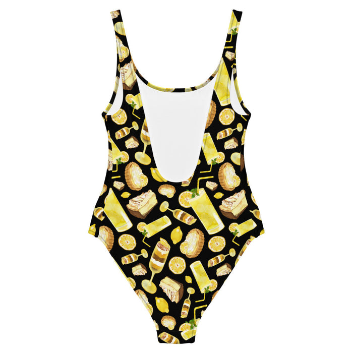 Lemon kawaii one-piece swimsuit in yellow with glossy whole lemons and citrus tarts