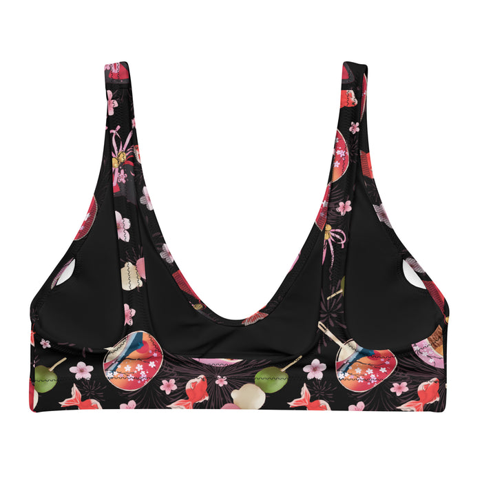 Matsuri kawaii padded bikini top in black with paper fans and hanami dango