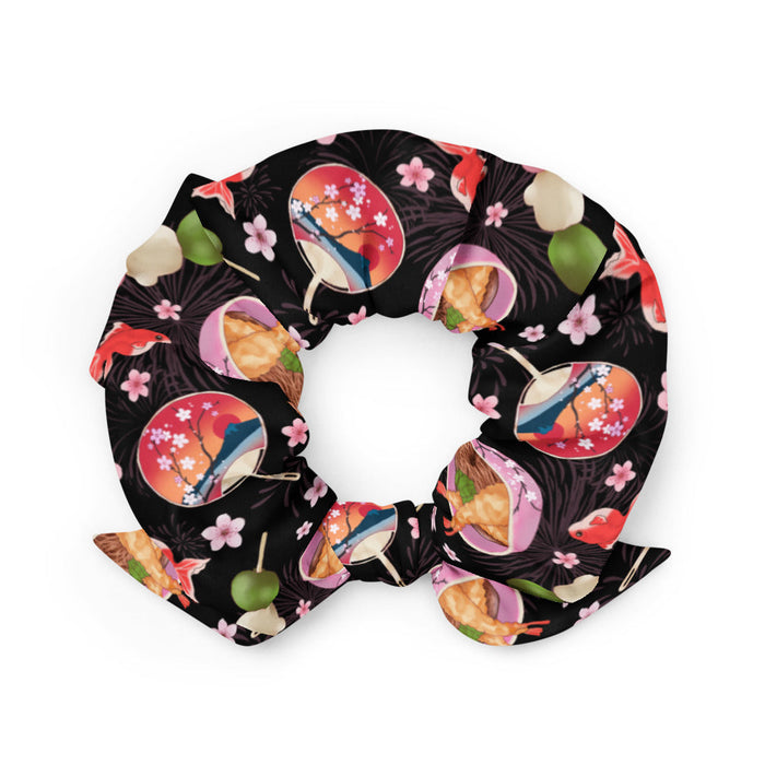 Matsuri kawaii scrunchie in black with paper fans and hanami dango