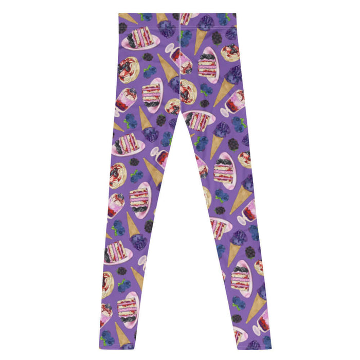 Berry kawaii men's leggings in violet with layered berry cake and berry cream tarts