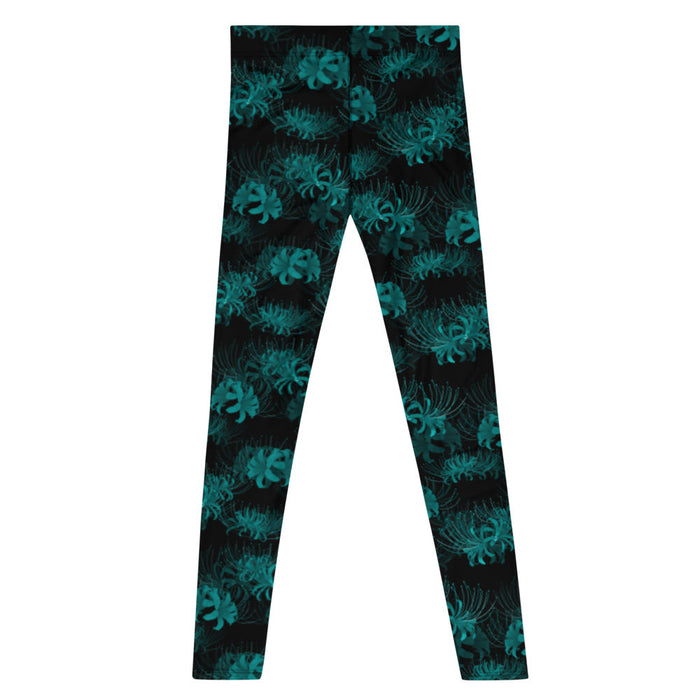 Higanbana gothic men's leggings in teal with teal spider lily blooms on black