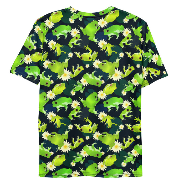 Kero-kero kawaii men's t-shirt in green with frogs mid-jump and pale water lilies