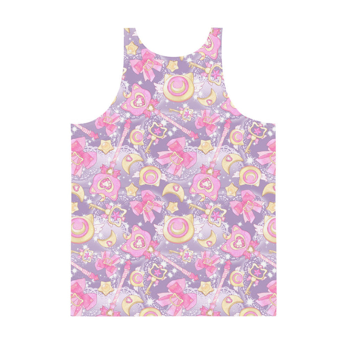Magical Girl kawaii men's tank top covered in magic scepters and heart gems, in pink or purple