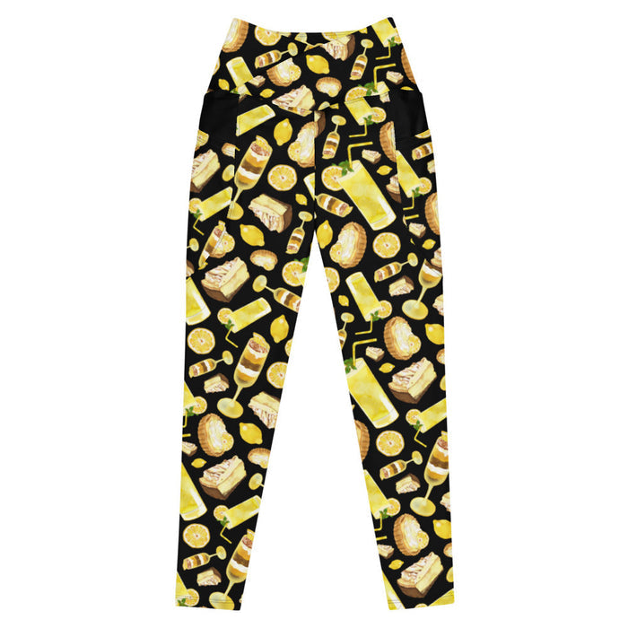 Lemon kawaii premium high-waisted leggings in yellow with a lemon meringue pie and glossy whole lemons