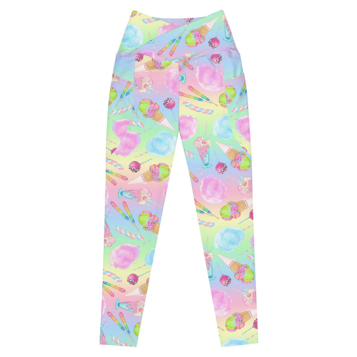 Rainbow Candy kawaii premium high-waisted leggings in pastel rainbow with striped lollipops and pastel macarons