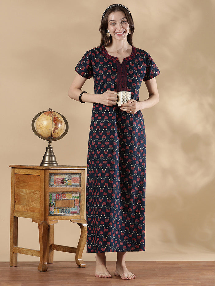 Indigo floral print pure cotton summer night dress for women