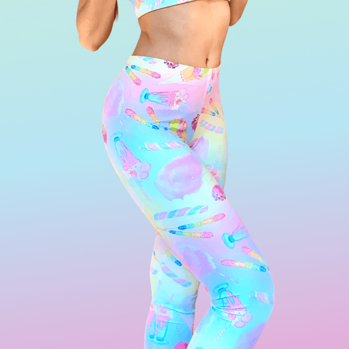 Rainbow Candy kawaii leggings in pastel rainbow with ice cream cones and cake pops