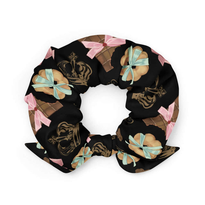 Royal Cookie kawaii scrunchie in vanilla cream with gilded monogram crests and pink bows