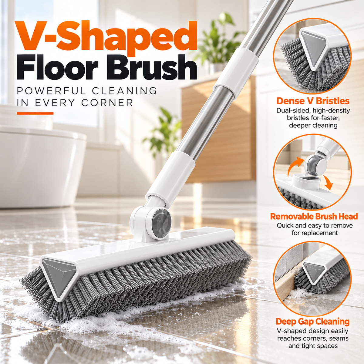 Upgraded 4-in-1 V-Shaped Grout Cleaning Brush, Long Telescopic Handle Floor Scrubber Built-in Squeegee & Hair Catcher for Bathroom, Shower, Glass, Tile Grooves