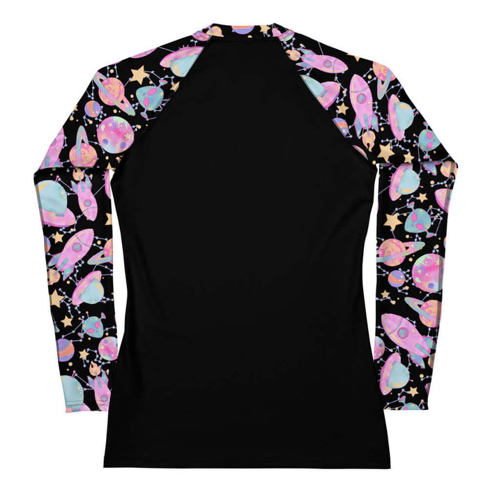 Space kawaii rash guard in lavender with mint aliens and crescent moons