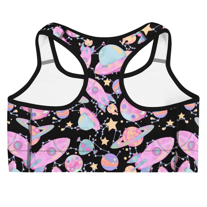 Space kawaii sports bra in lavender with mint aliens and crescent moons