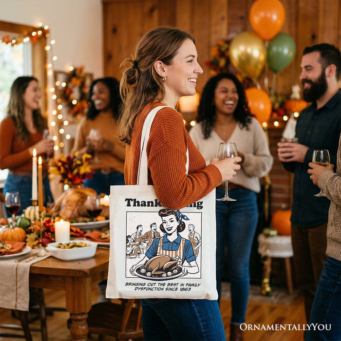 Thanksgiving Family Dysfunction Retro Tote Bag, Funny Holiday Humor Gift Shopper for Sarcastic Families Tote Bag OrnamentallyYou