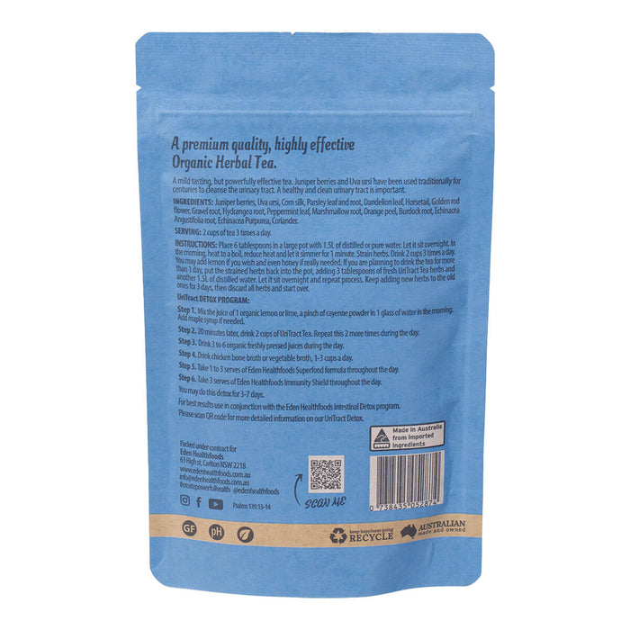 Back view of Eden Healthfoods UriTract Tea 60g packet, showing the product description, ingredients list, serving suggestions, and instructions for use. The packet includes details on its herbal blend—juniper berries, corn silk, bearberry, and horsetail—designed to support urinary health and assist in removing infections and stones from the kidneys and bladder.