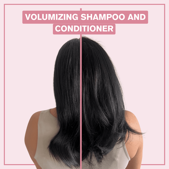 Picture showing the before and after results after using the Alcôve Volumizing Shampoo and Conditioner