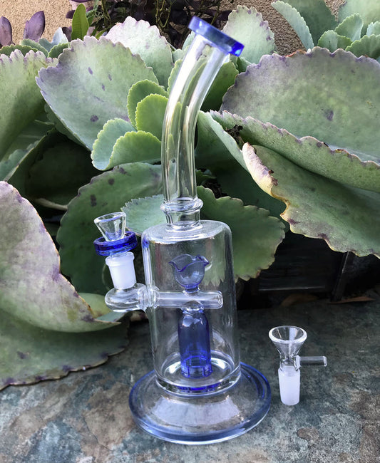 10" Thick Glass Rig Shower Perc, Blue Glass Flower (Inside) & 2- 14mm Bowls - Blue Moon Ice