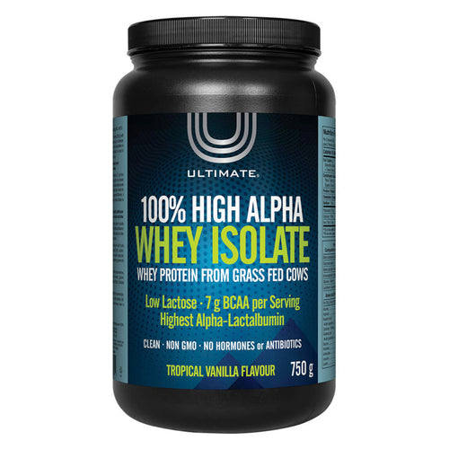 Bottle of Ultimate 100% High Alpha Whey Isolate Tropical Vanilla Flavour 750 Grams | Optimum Health Vitamins, Canada