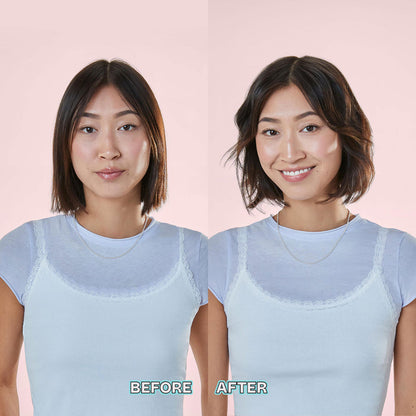 Before and after comparison of a woman wearing a light blue camisole top. The left side shows the shirt with a sheer mesh neckline and lace trim, while the right side shows the neckline filled in with a pale blue fabric.