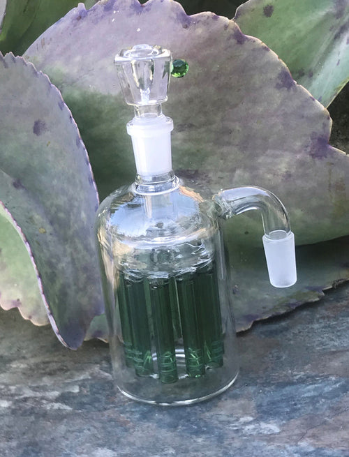 14mm Male Thick Glass Ash Catcher, 11 arm, Green Tree Perc w/14mm Male Herb Bowl
