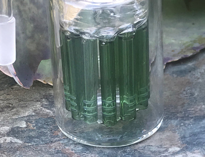14mm Male Thick Glass Ash Catcher, 11 arm, Green Tree Perc w/14mm Male Herb Bowl