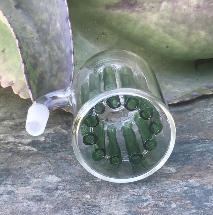14mm Male Thick Glass Ash Catcher, 11 arm, Green Tree Perc w/14mm Male Herb Bowl