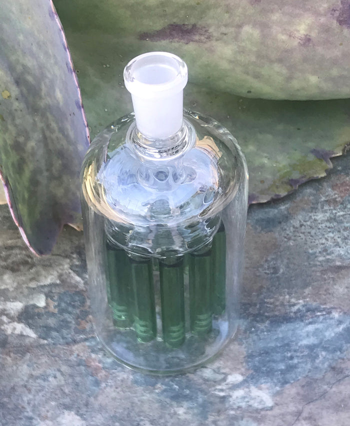 14mm Male Thick Glass Ash Catcher, 11 arm, Green Tree Perc w/14mm Male Herb Bowl