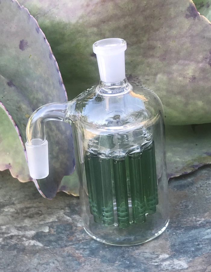 14mm Male Thick Glass Ash Catcher, 11 arm, Green Tree Perc w/14mm Male Herb Bowl