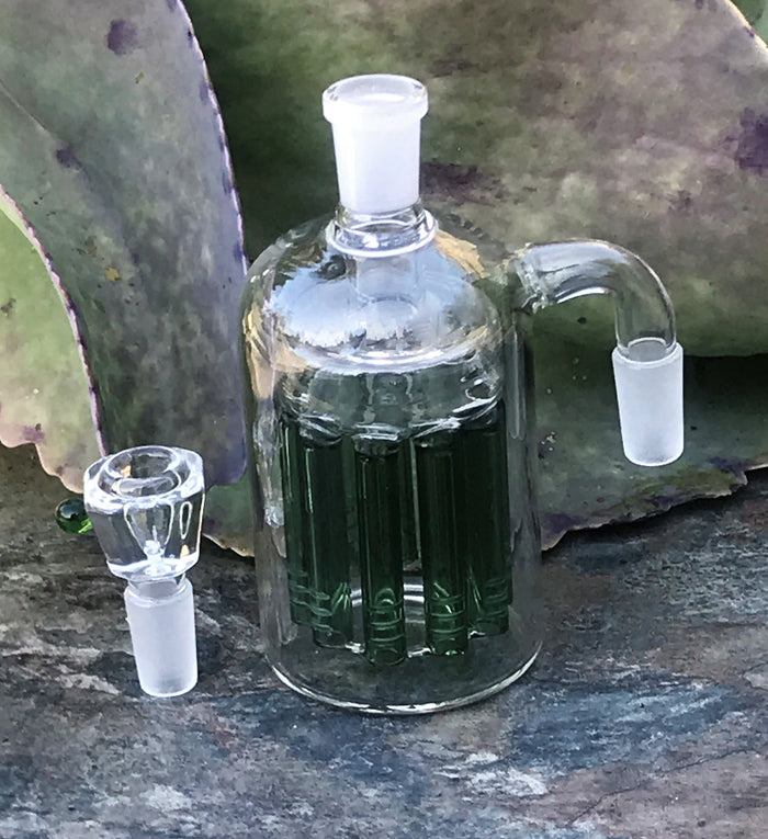 14mm Male Thick Glass Ash Catcher, 11 arm, Green Tree Perc w/14mm Male Herb Bowl