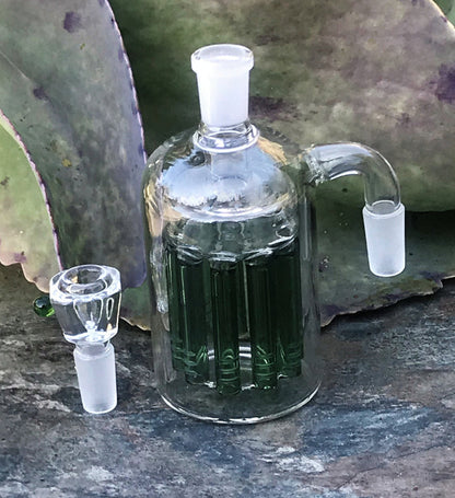 14mm Male Thick Glass Ash Catcher, 11 arm, Green Tree Perc w/14mm Male Herb Bowl