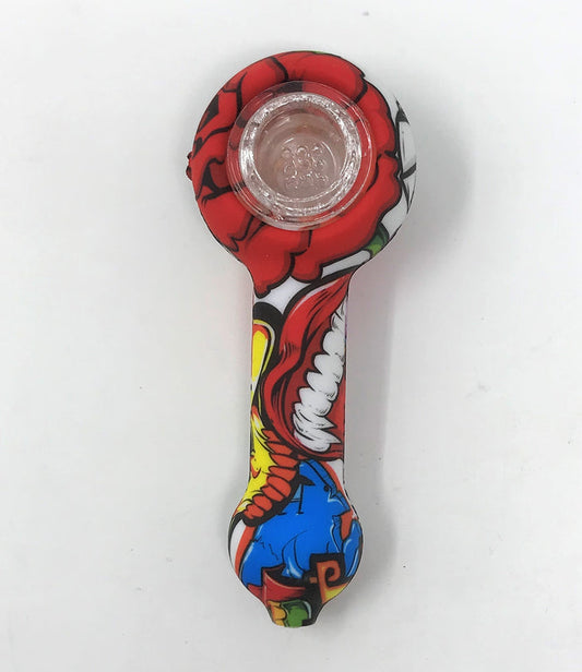 4" Thick Silicone Unbreakable Hand Pipe w/Glass Screened Bowl - Teeth & Misc Design