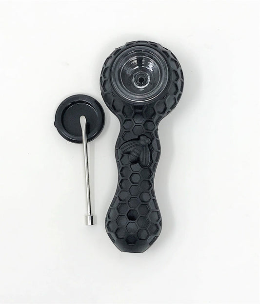 4" Unbreakable Silicone Hand/Spoon Pipe Honeycomb w/Cleaner Cover - Jet Black