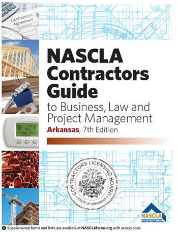 Cover of NASCLA Contractors Guide to Business, Law and Project Management Arkansas 7th Edition with construction and blueprint designs