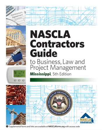 Cover of NASCLA Contractors Guide to Business, Law and Project Management Mississippi 5th Edition with construction and state seal graphics