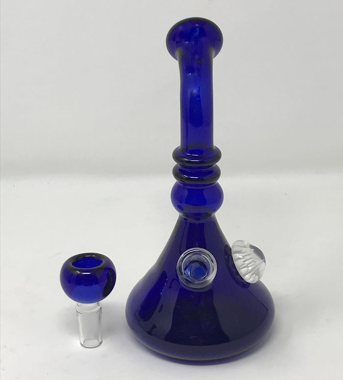 7" Beautiful Thick Blue Glass Beaker Rig w/White Implosion 14mm Blue Bowl - Deep Purple