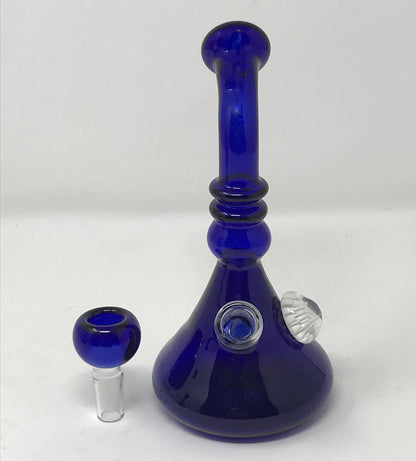 7" Beautiful Thick Blue Glass Beaker Rig w/White Implosion 14mm Blue Bowl - Deep Purple