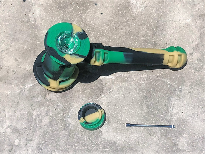 7" Silicone Hammer Hand Pipe w/Dab Tool & Container - Camo