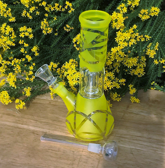 8" Beaker Bong with Dome Perc & 2 - Glass Slide in Stem w/Bowls - Daisy Yellow