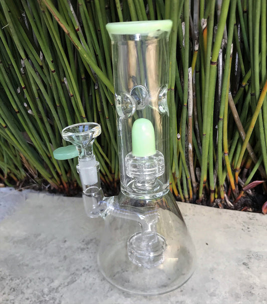 8" Thick Glass Beaker Double Shower Perc & Dome Perc Rig 14mm Bowl - Key Lime