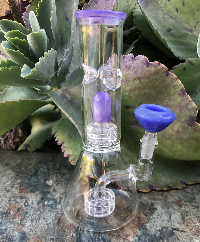 8" Thick Glass Beaker Double Shower Perc & Dome Perc Rig 14mm Diamond Bowl - Lilac