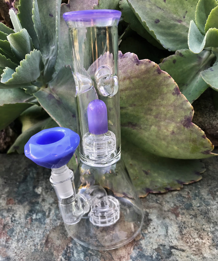 8" Thick Glass Beaker Double Shower Perc & Dome Perc Rig 14mm Diamond Bowl - Lilac